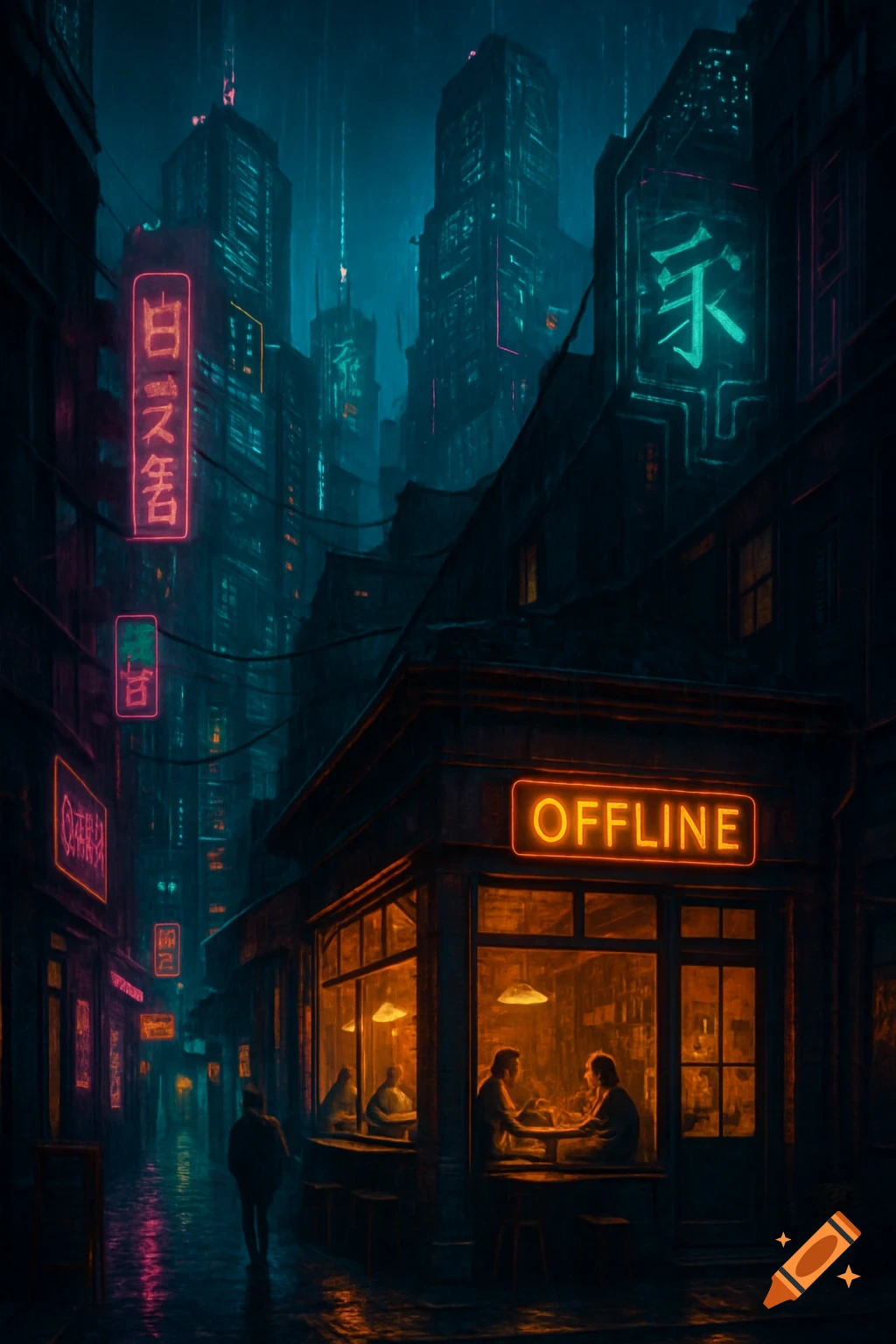 A dark, rainy cyberpunk city street at night. A building with an orange neon sign reading "OFFLINE" houses a cozy, brightly lit cafe. Japanese neon signs glow in the background.