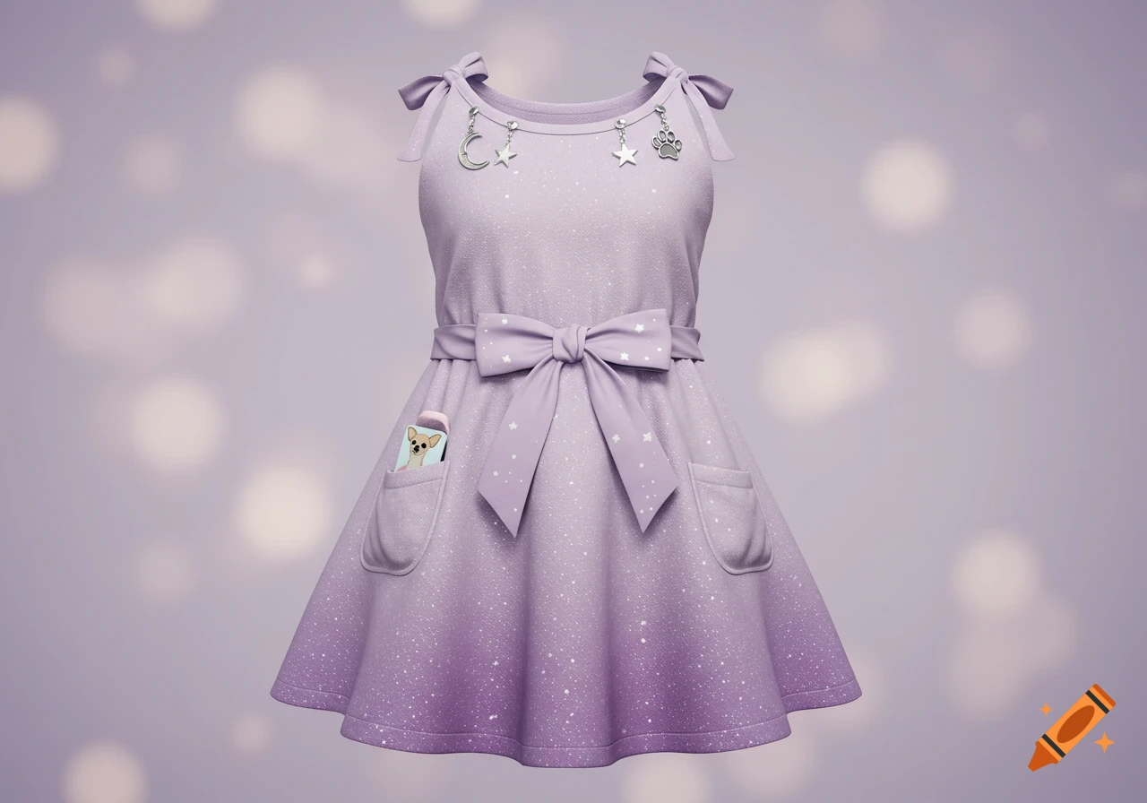 A pastel lavender sundress with a sparkly ombre hem, a front bow, celestial and paw print charms, and a small chihuahua peaking from a pocket.