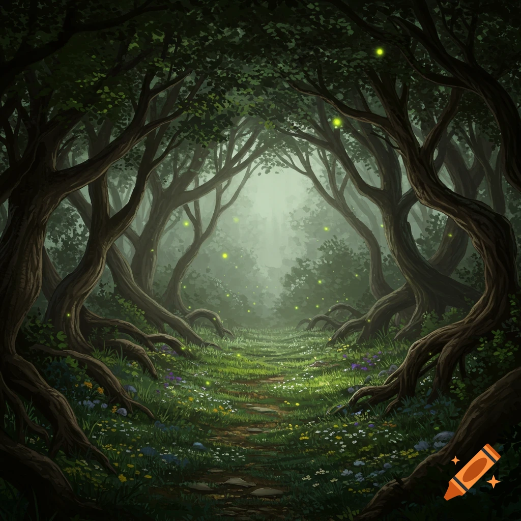 A mystical forest path with ancient intertwined trees, glowing lights, and a foggy background.