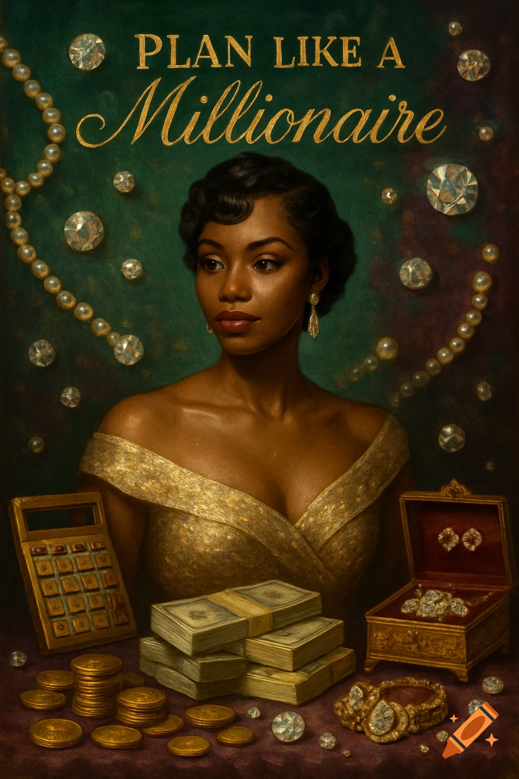 Woman in gold dress with money, jewels, and a calculator on a green background. Text: "Plan Like a Millionaire".