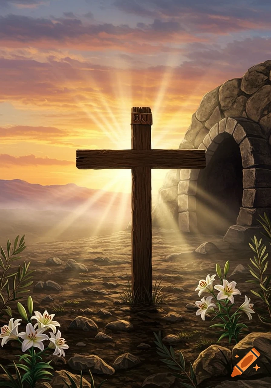 A wooden cross illuminated by sun rays at sunrise, in front of an empty stone tomb, with white lilies in the foreground.