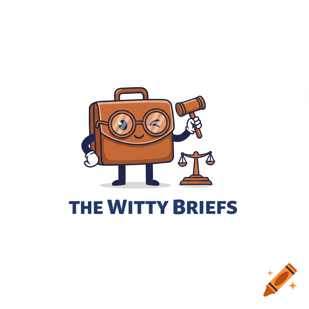 A playful cartoon logo with a winking briefcase character in glasses, holding a gavel next to a scale of justice. Text reads 'THE WITTY BRIEFS'.