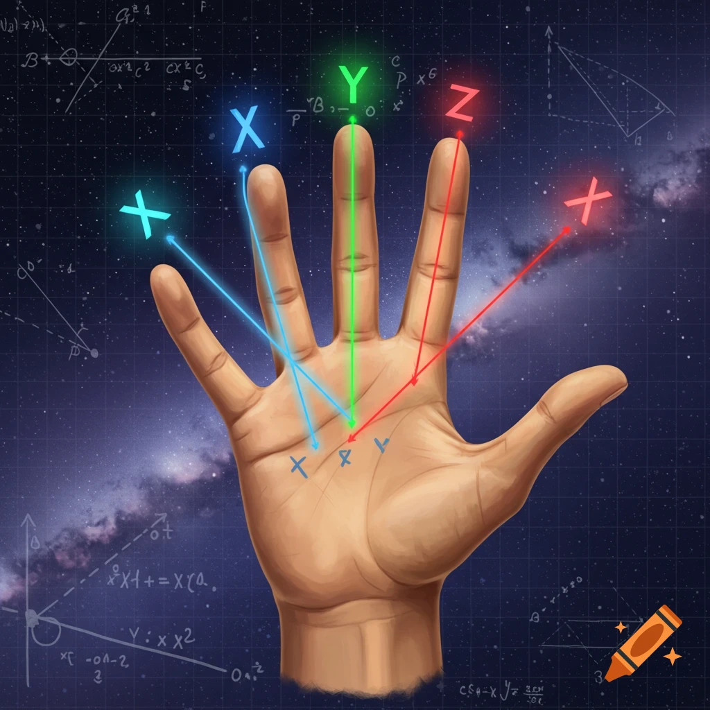 A right hand demonstrating the right-hand rule, with glowing blue X, green Y, and red Z axes originating from the palm against a cosmic background with mathematical equations.