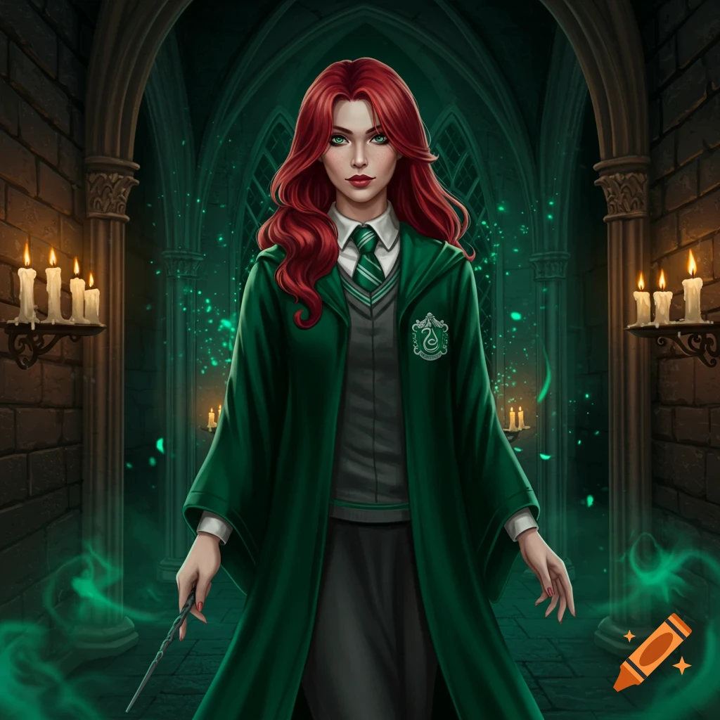 Red-haired woman in Slytherin robes holding a wand in a dark, stone Hogwarts hallway with green magic.