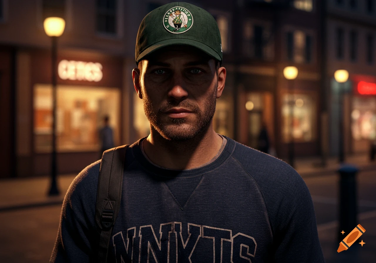 Close-up photorealistic portrait of a weary man in a dark green baseball cap and a dark blue sweatshirt, standing on a city street at night.