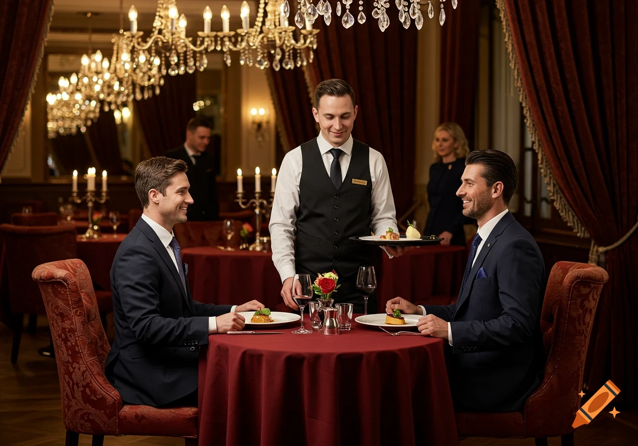A waiter serves two men in suits dining at a luxurious fine dining restaurant with chandeliers.