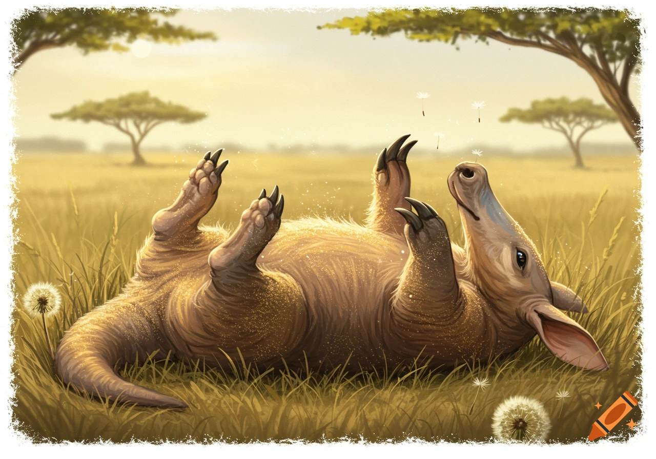Whimsical illustration of an aardvark lying on its back in a sunny, grassy field, legs up, watching dandelion seeds float.