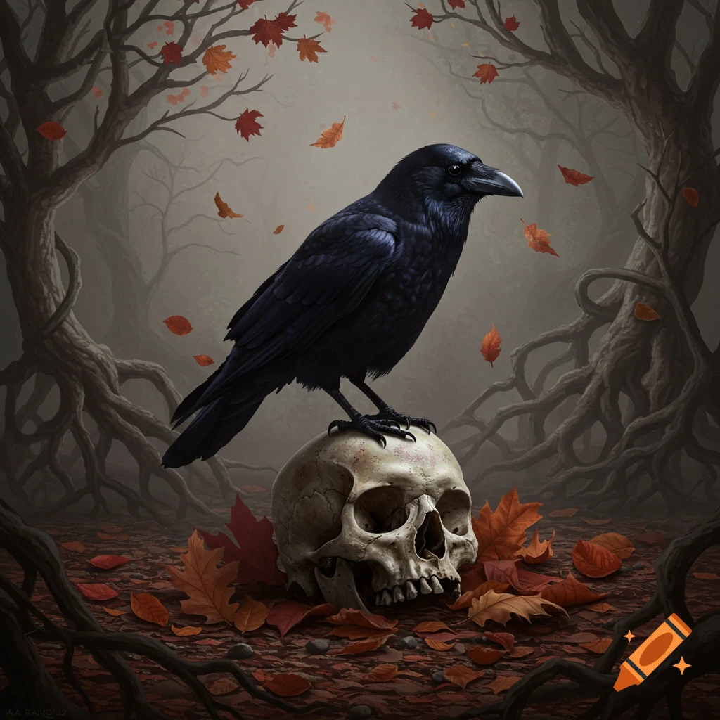 A black raven sits atop a human skull surrounded by fallen autumn leaves in a dark, misty forest, with gnarled trees in the background.