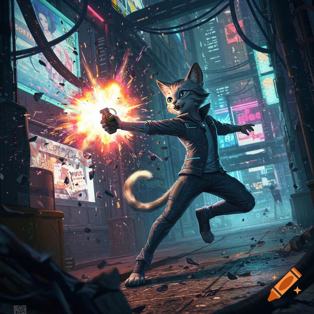 An anthropomorphic cat in a cyberpunk city throws an exploding flash grenade. The scene is lit by neon signs and the explosion's glow.