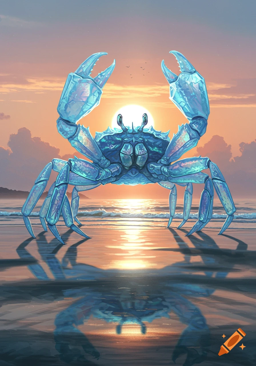 A crystalline blue giant crab with an unearthly glow stands on a beach at sunset, reflected in the wet sand.