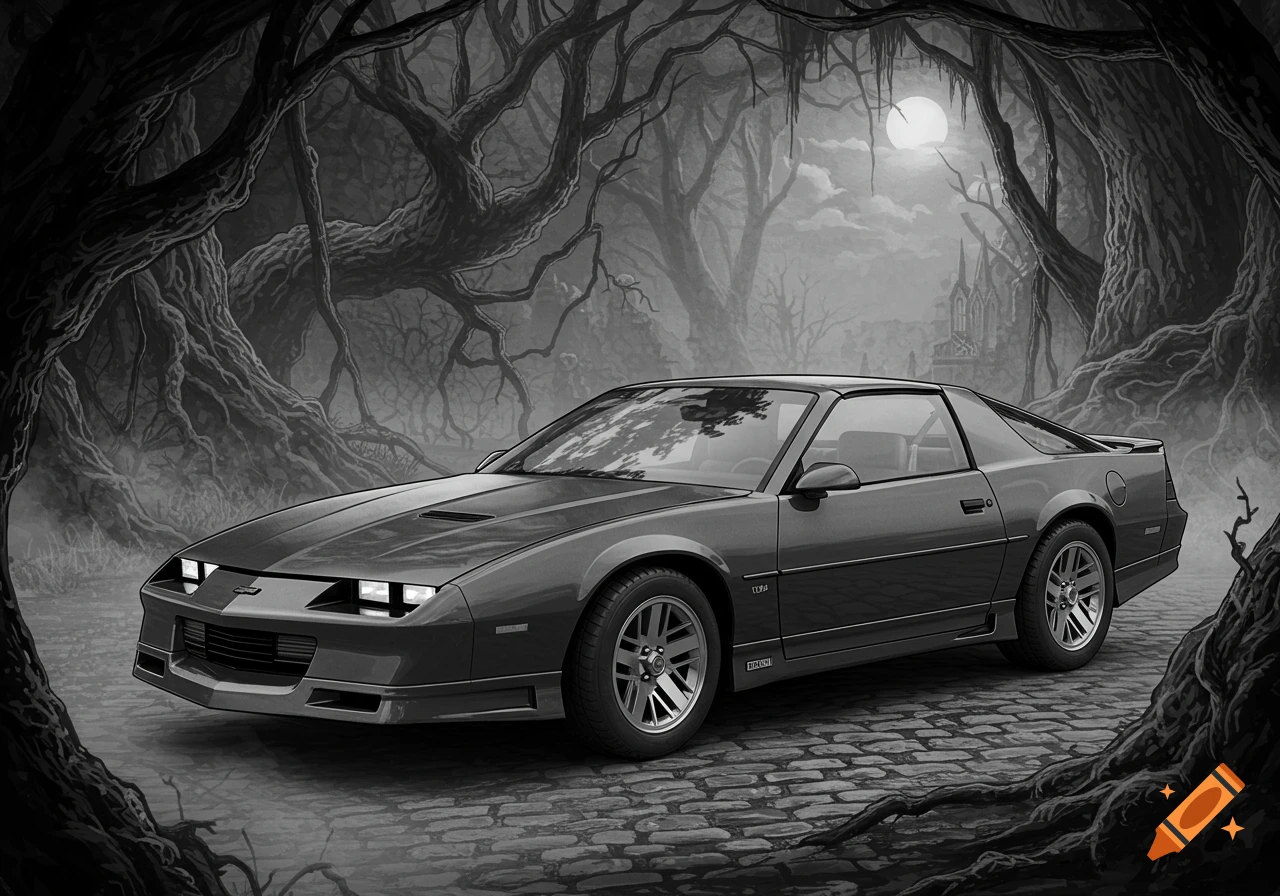 A dark, moody black and white image of a classic IROC Z28 car parked on a cobblestone path in a gnarled, spooky forest under a full moon, with a castle in the misty background.
