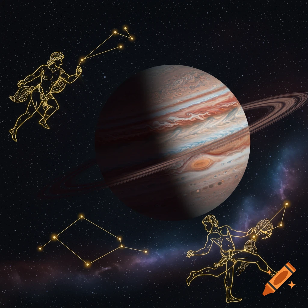 Stylized illustration of Jupiter and two golden constellation figures against a starry night sky.
