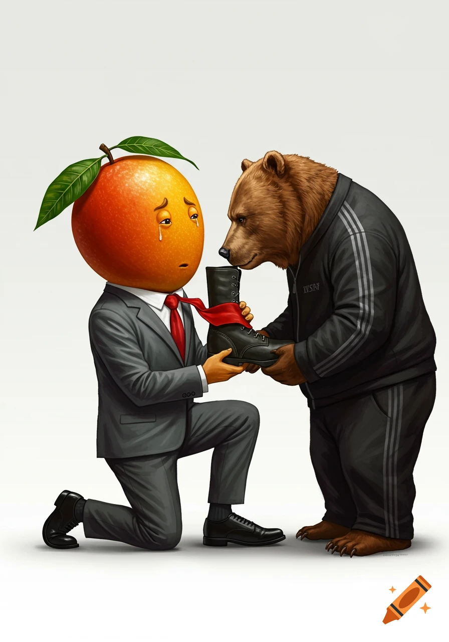 A crying humanoid orange in a business suit kneels, kissing the boot of a brown bear wearing a dark tracksuit. Illustrative style.