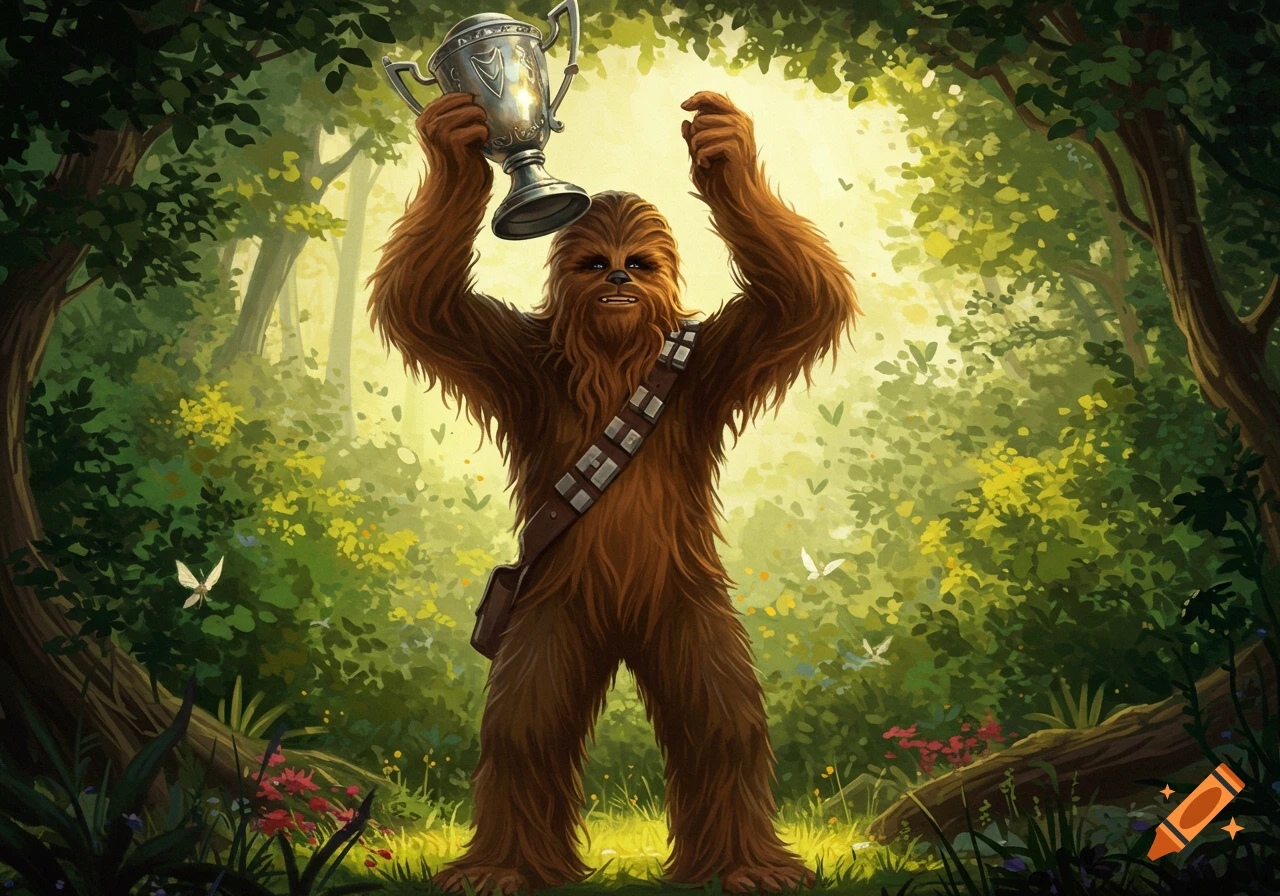 Chewbacca, a furry Wookiee, triumphantly holds a silver trophy above his head in a vibrant, sunlit forest.