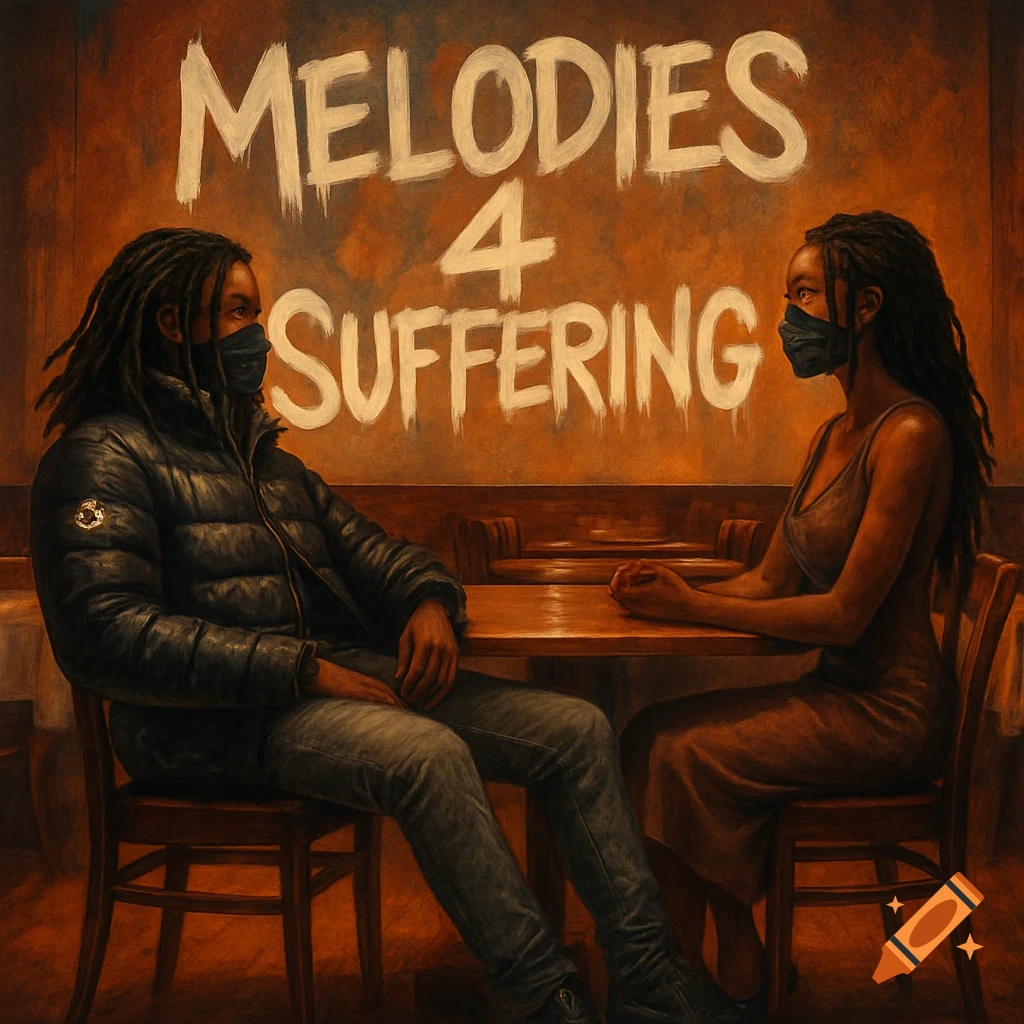Two masked people with dreadlocks sit at a restaurant table, with 'MELODIES 4 SUFFERING' painted on the wall. Painterly style.