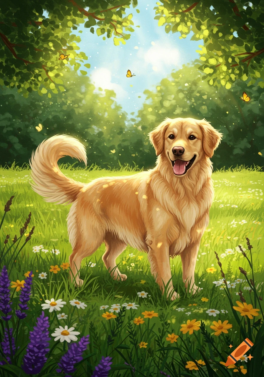 An illustration of a happy golden retriever dog standing in a field of colorful wildflowers under a sunny sky with butterflies.