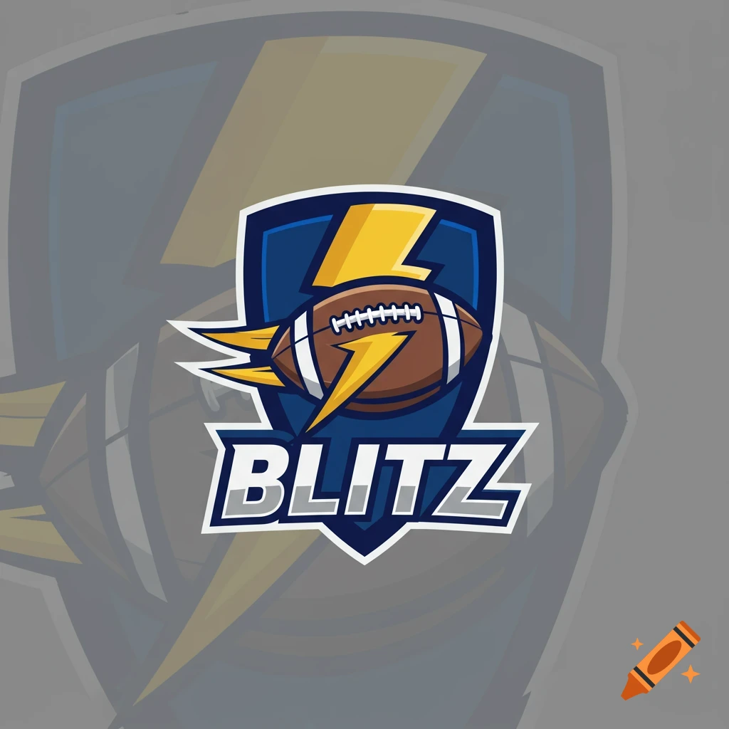 A cartoon-style logo for a football team named BLITZ, featuring a brown football and a yellow lightning bolt inside a blue shield.