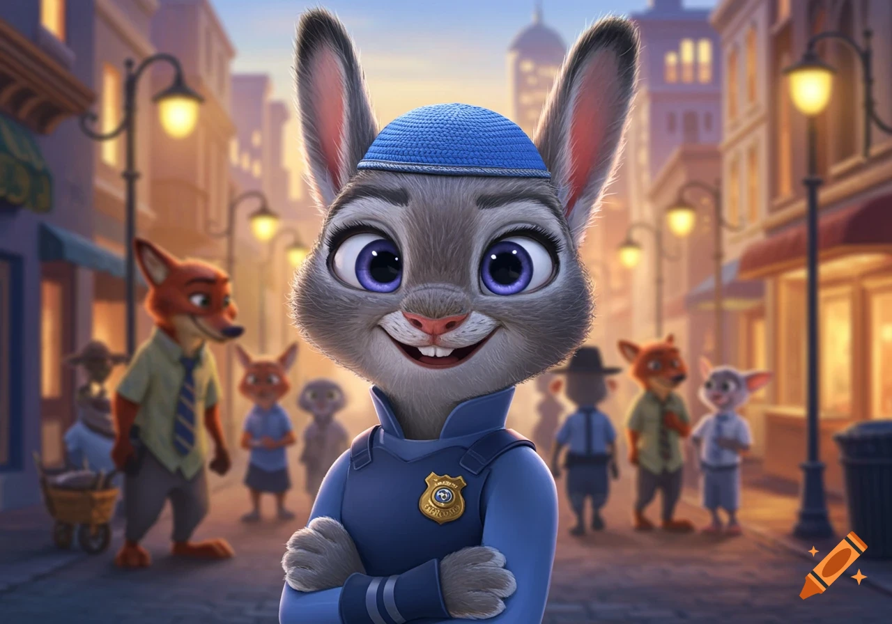 Smiling Judy Hopps from Zootopia in a police uniform and blue kippah on a city street.