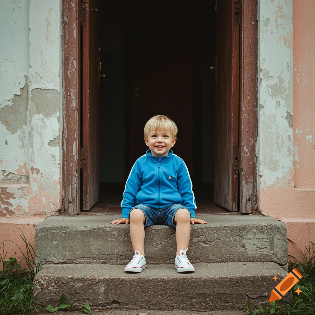 Blonde boy in blue tracksuit jacket and denim shorts sits smiling on concrete steps in front of an old building.