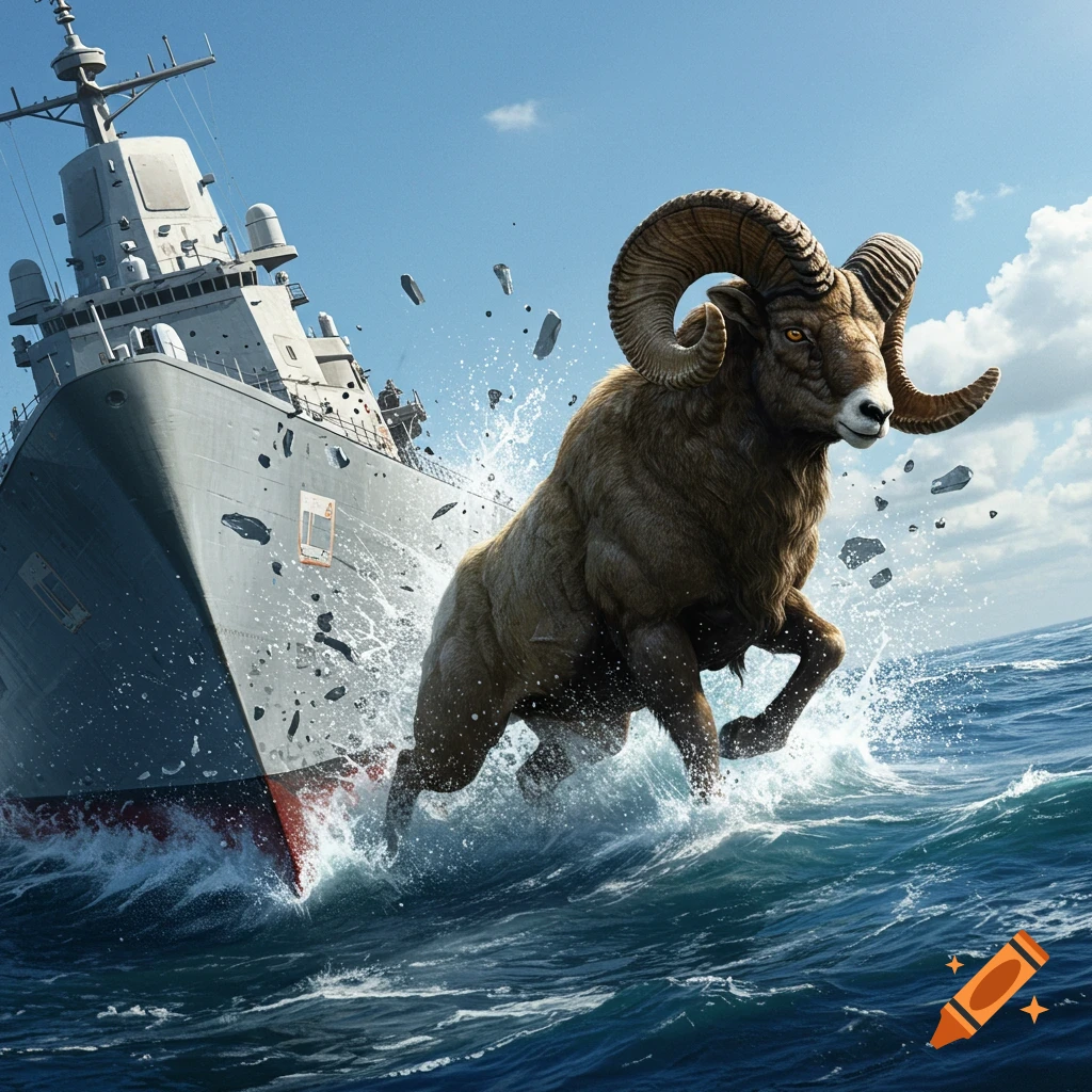 A powerful ram with large horns leaps from the ocean, smashing through the hull of a grey modern warship in a dynamic, photorealistic scene.