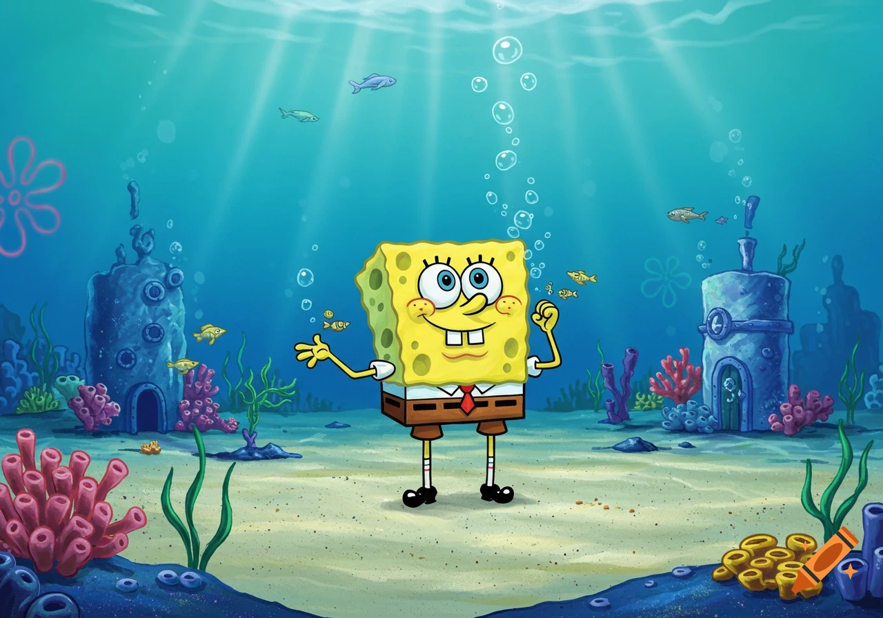 SpongeBob SquarePants smiles underwater with fish and coral, in a vibrant cartoon style.