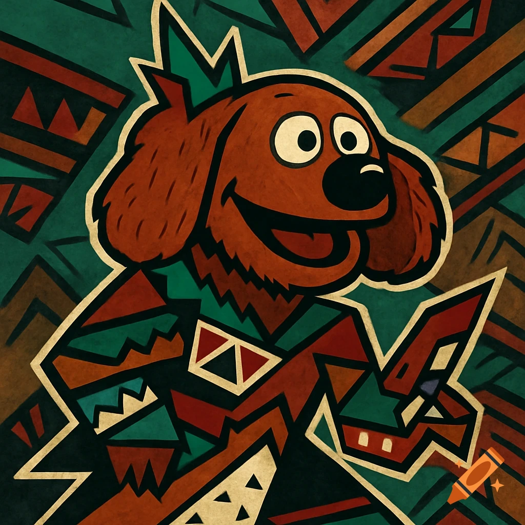 Stylized geometric illustration of Rowlf from the Muppets, resembling the Phoenix Coyotes' Kachina logo.