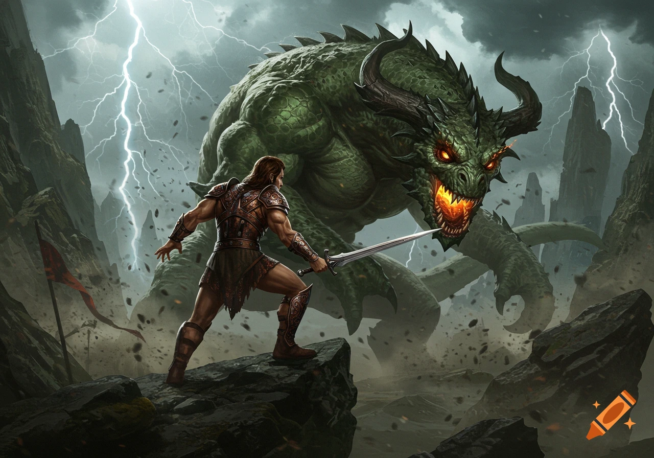 A muscular warrior wields a sword against a massive green horned dragon in a stormy, lightning-streaked mountain pass.
