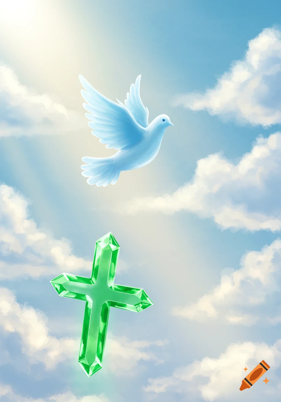 An illustration of a glowing white dove and a green gemstone cross floating in a bright, cloudy blue sky with sunlight.