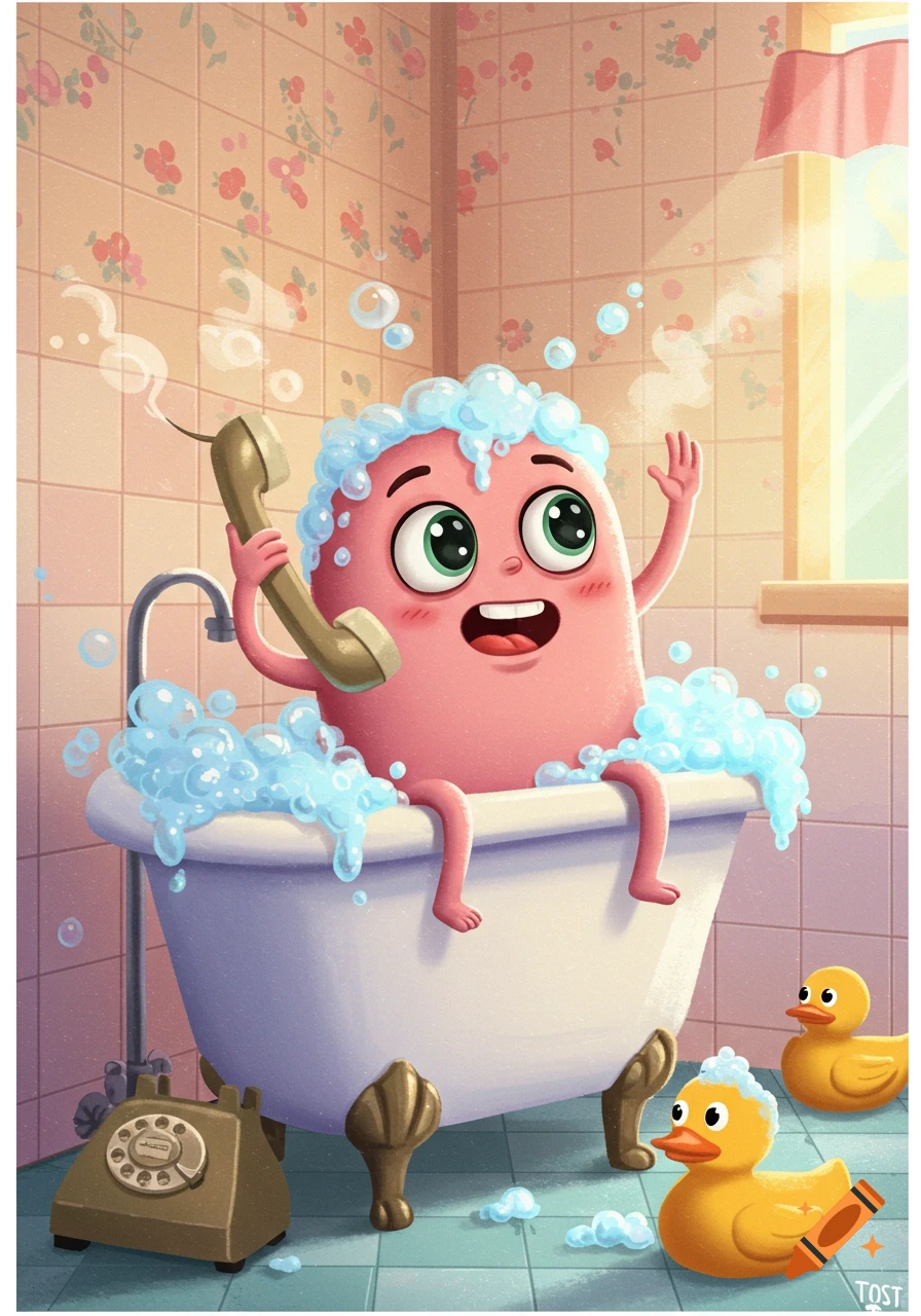 A cute pink cartoon character with big eyes in a bubble bath, holding a phone, with rubber ducks in a whimsical pastel bathroom.