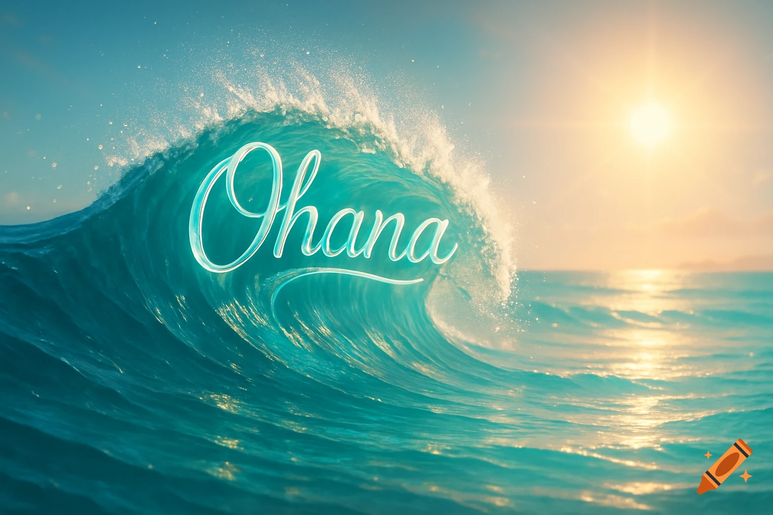 A large turquoise ocean wave with the glowing word 'Ohana' on its surface, under a bright sun.