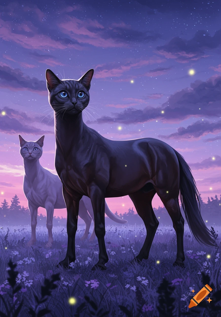 Digital painting of two cat centaurs in a field at twilight with fireflies, purple sky, and distant trees.