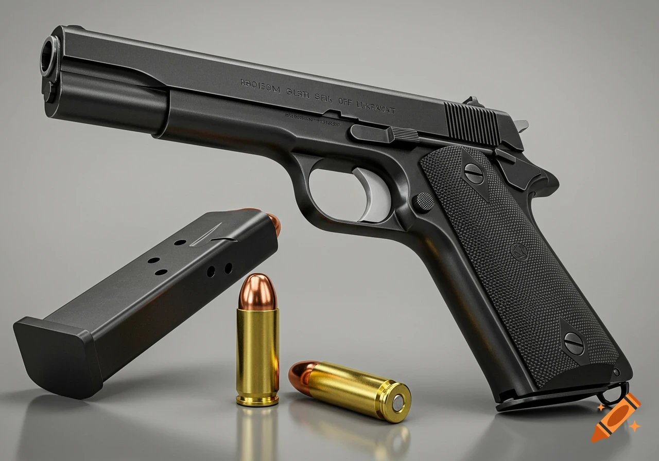 A photorealistic black Colt 1911 pistol with a magazine and two bullets on a reflective grey surface.