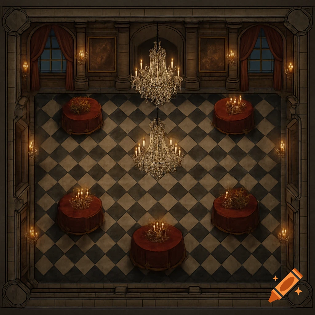 Overhead view of a grand ballroom with checkered floor, two chandeliers, five round tables with candles, and draped windows.