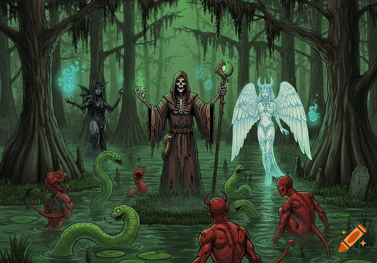 Hand-drawn dark fantasy art of a skeleton wizard raising demons and worms in a misty swamp with two demon women.