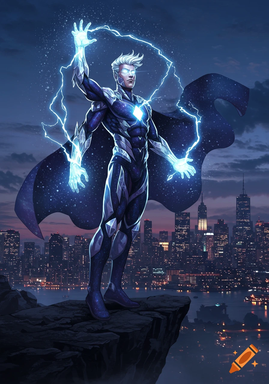 A superhero with glowing hands emitting lightning and wearing a cosmic suit stands on a cliff overlooking a nighttime cityscape.