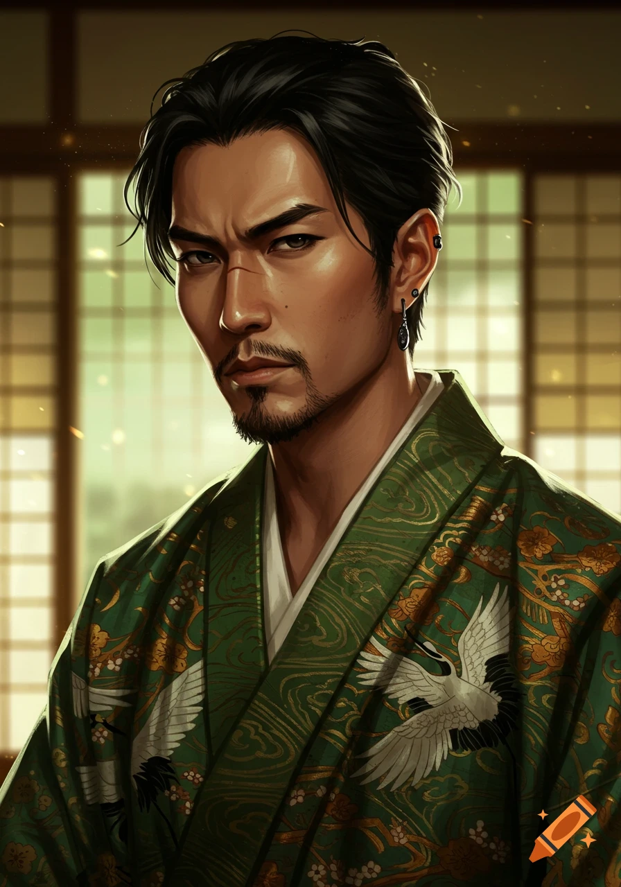 A stylized portrait of a stern-faced young Asian man with a beard and earrings, wearing a green kimono with crane and floral patterns, against a blurred Japanese interior background.