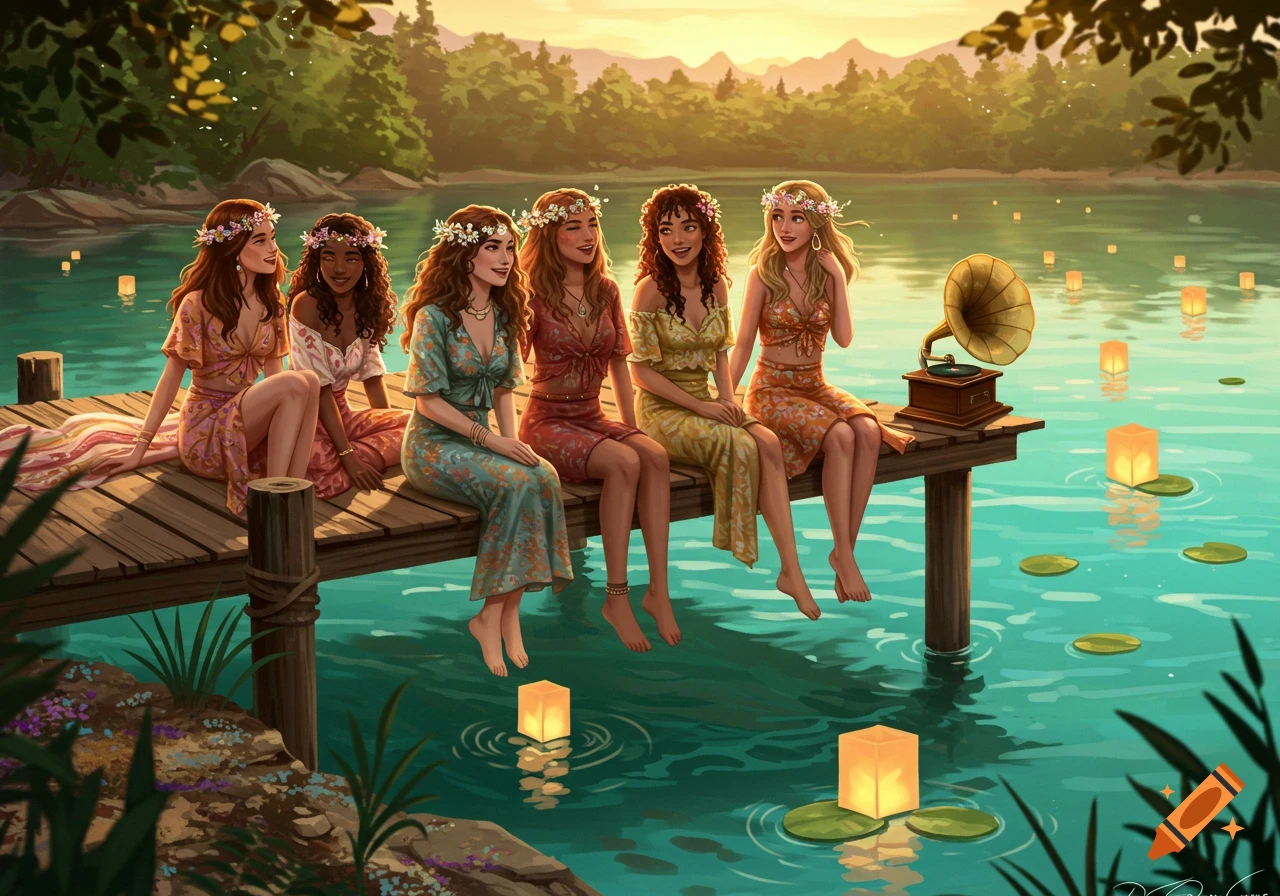 Six women in floral dresses sit on a wooden dock by a lake at sunset, with floating lanterns and a gramophone. Illustrated style.