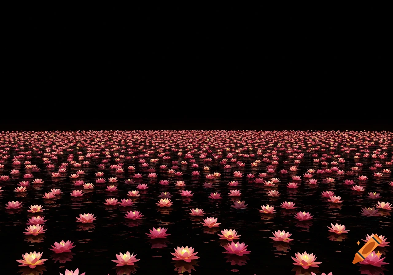 Thousands of glowing pink lotus flowers float on dark water against a black background.