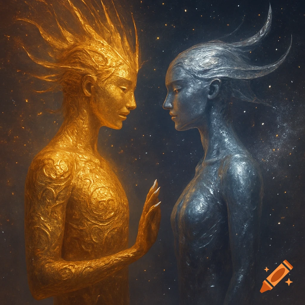 Two ethereal, textured figures, one gold and one silver, facing each other against a dark, starry background.