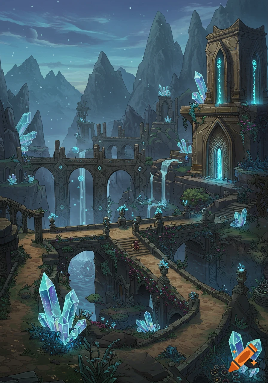 A vibrant fantasy landscape with ancient stone structures, bridges, waterfalls, and glowing blue crystals amidst towering mountains.