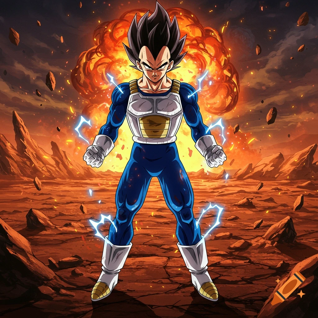 Vegeta in battle armor stands on a rocky planet with an explosion and energy aura, anime style.
