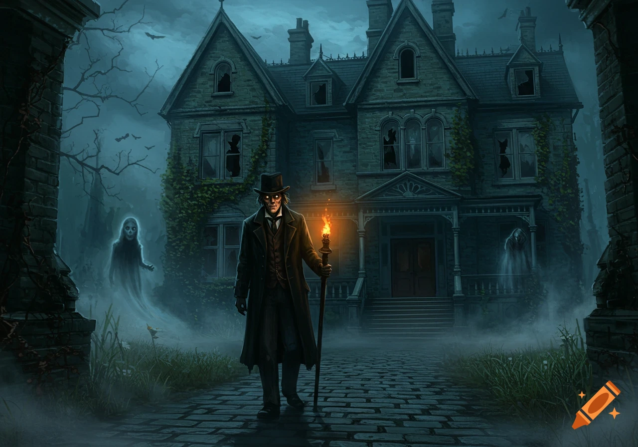 A creepy man with glowing eyes holds a torch on a cobbled path leading to a haunted house, with ghosts in the foggy foreground.
