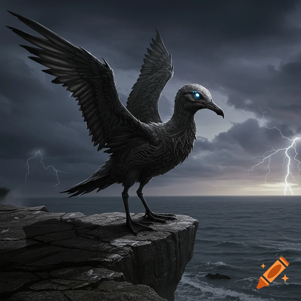 A dark, alien-like bird with glowing blue eyes stands on a rocky cliff overlooking a stormy sea with lightning. Dark fantasy style.