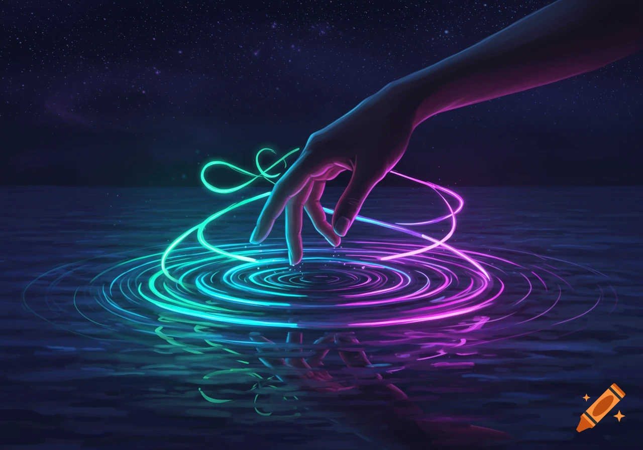 A hand creating ripples of glowing pink and turquoise light in dark water under a starry night sky.