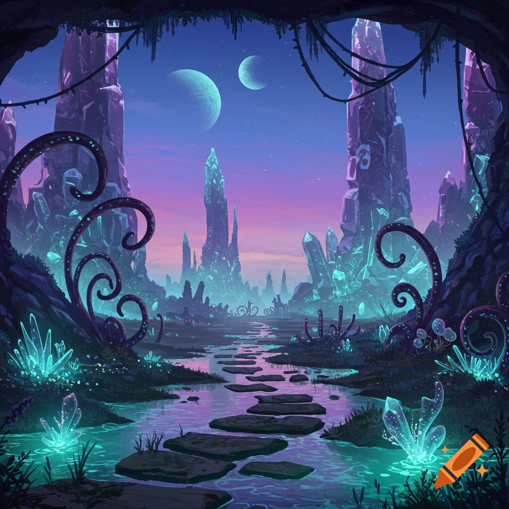 A vibrant alien landscape with glowing purple and teal crystals, a winding stream, stepping stones, and two moons in a purple-blue sky.