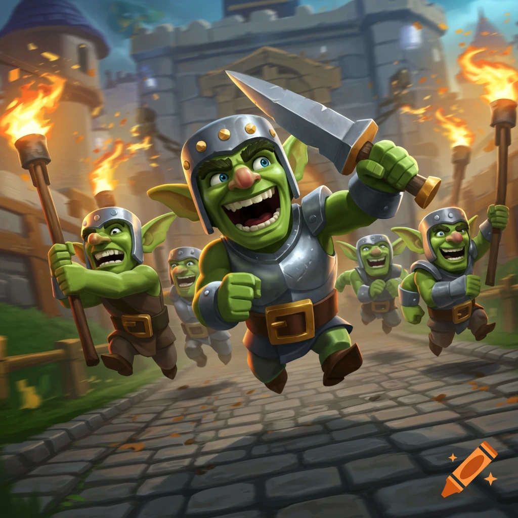 Cartoon goblins in armor run with swords and torches on a cobblestone path towards a castle.
