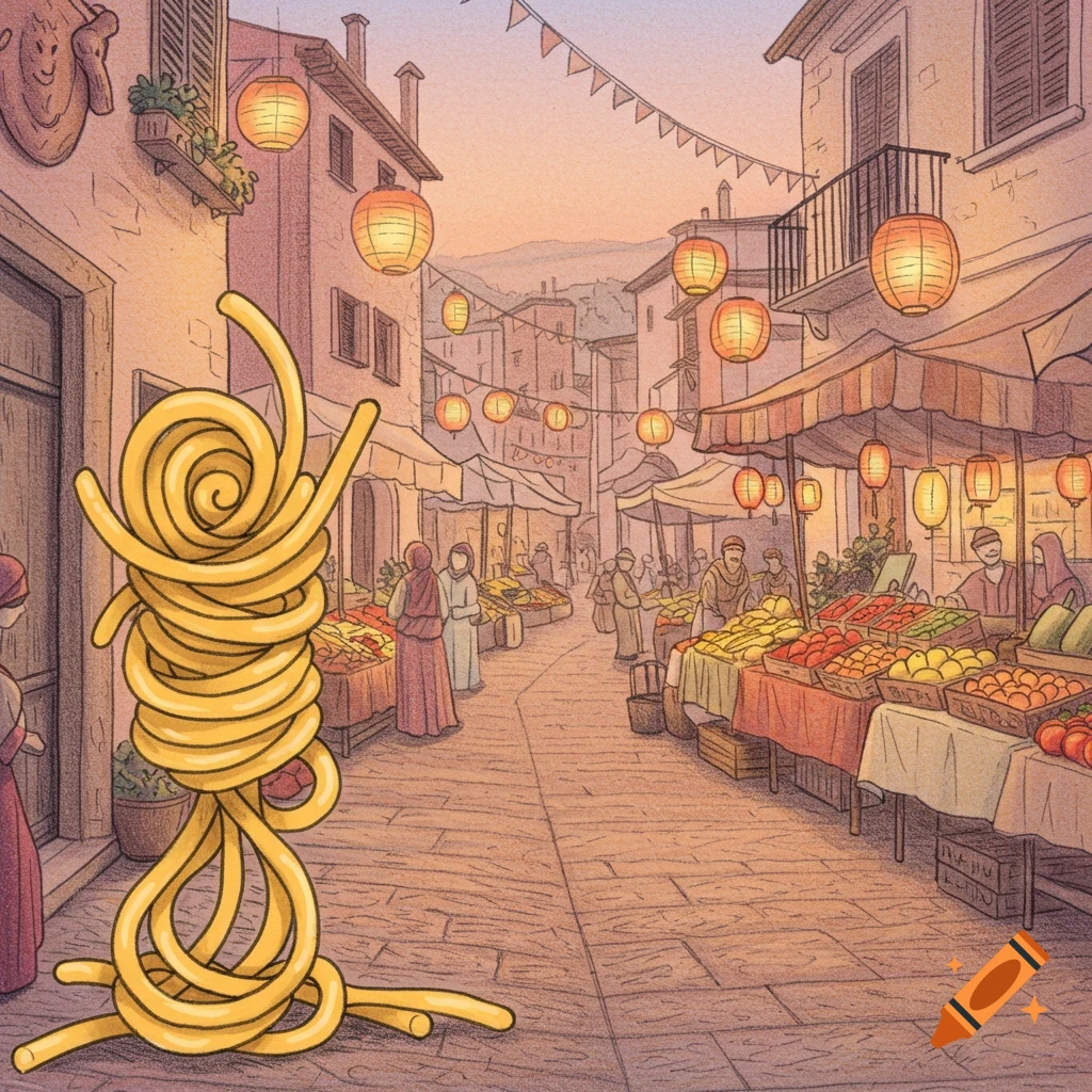 Illustration of an Italian street market at sunset, featuring a large, coiled pasta sculpture in the foreground and bustling market stalls.