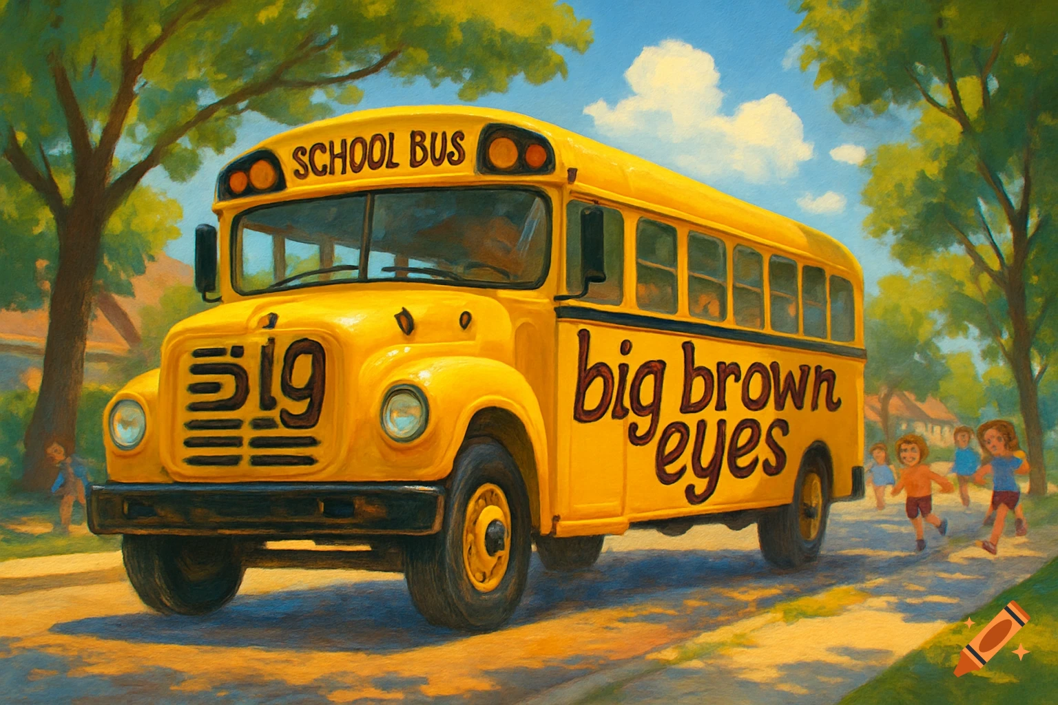 A vibrant oil painting of a yellow school bus with "big brown eyes" on its side, and children running towards it.