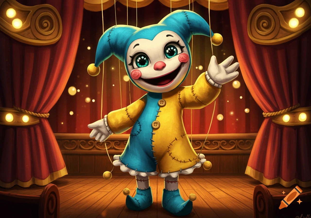 Cheerful jester puppet with big eyes, dressed in blue and yellow, stands on a wooden stage with red curtains.
