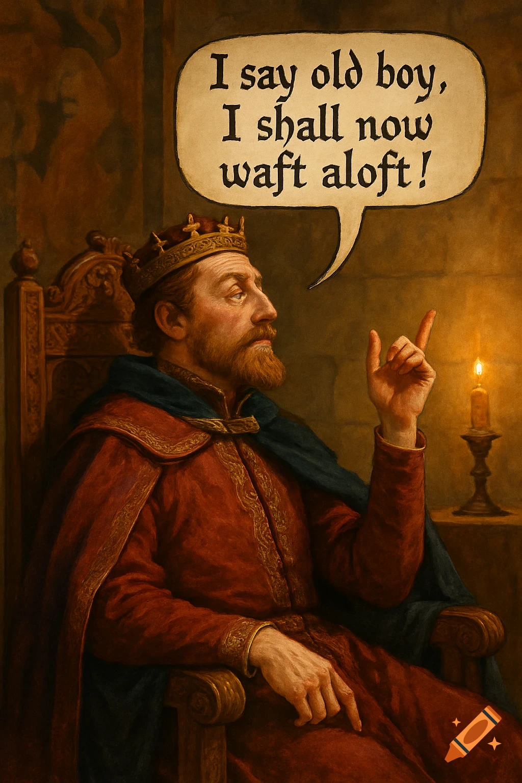 A bearded medieval king in a red and gold robe sits on a wooden throne, pointing upwards with his right hand. A speech bubble above him reads "I say old boy, I shall now waft aloft!".